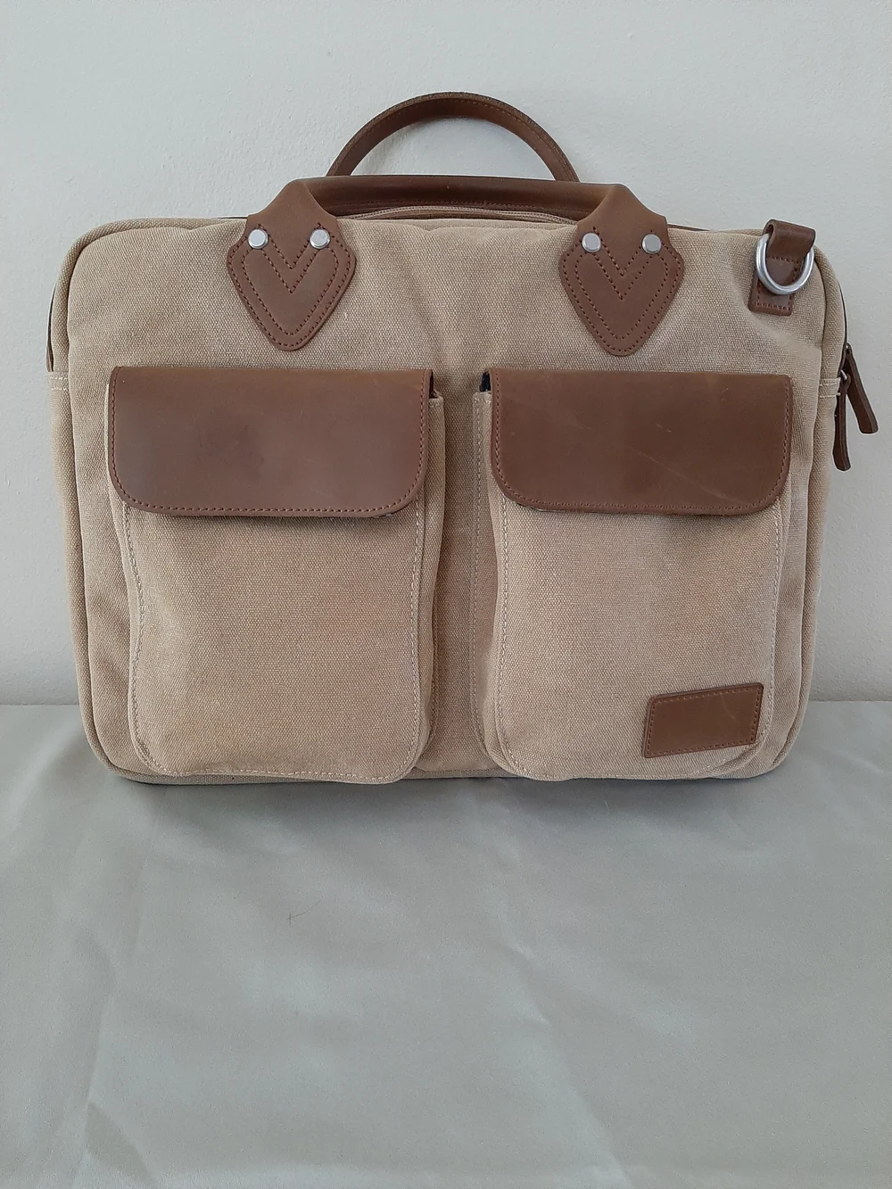 Renwick Tan Canvas Laptop Briefcase with Brown Leather Trim